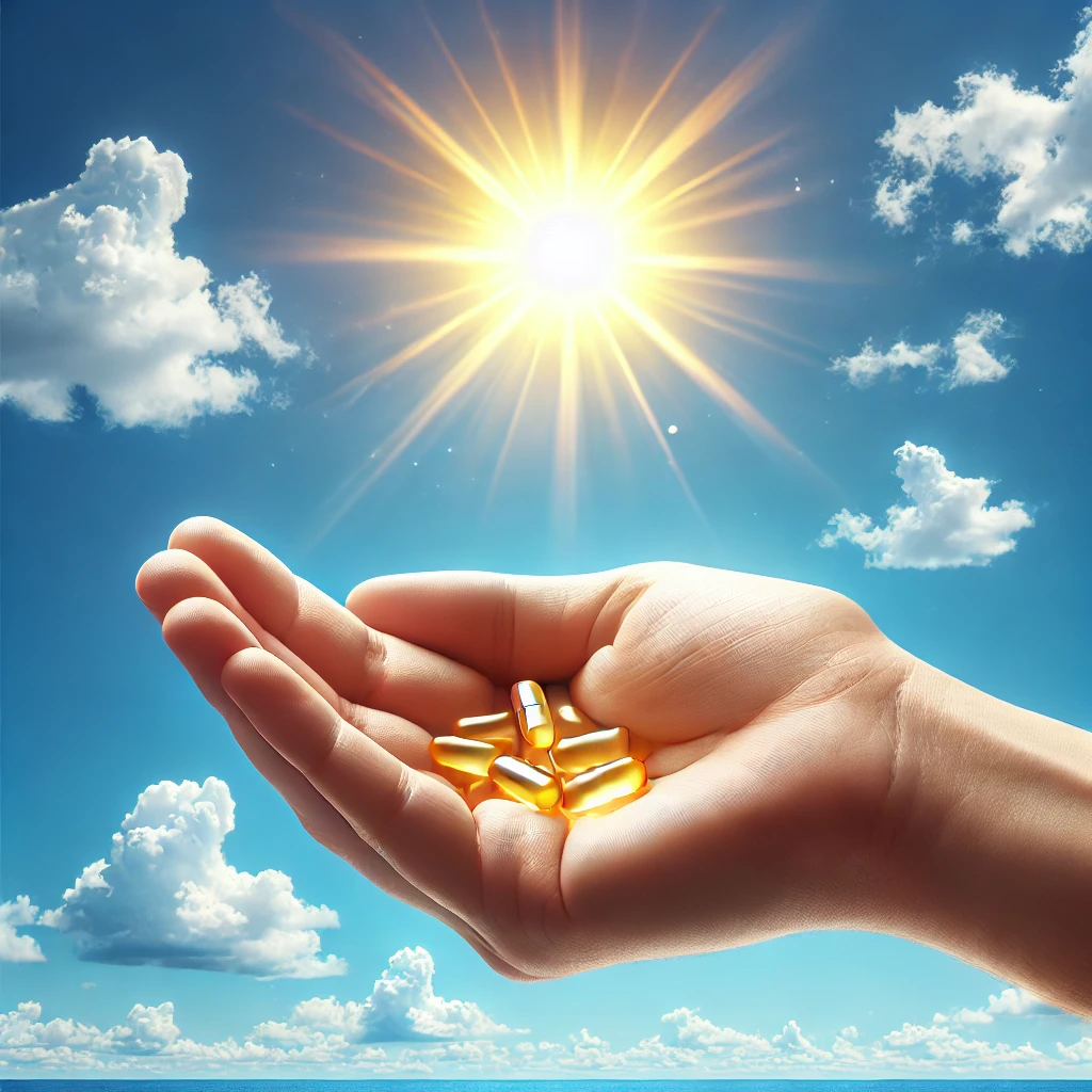 Vitamin D Benefits: A hand holding Vitamin D3 capsules against a bright blue sky with sunlight, symbolizing natural vitamin D synthesis from sunlight.