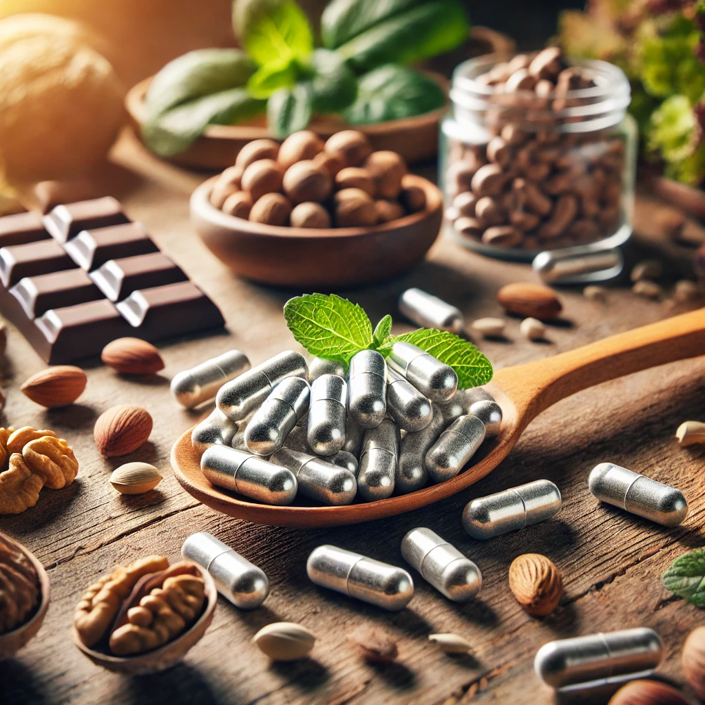 Magnesium supplement capsules on a wooden spoon with natural food sources like nuts, seeds, leafy greens, and dark chocolate in the background, representing dietary and supplemental sources of magnesium.
