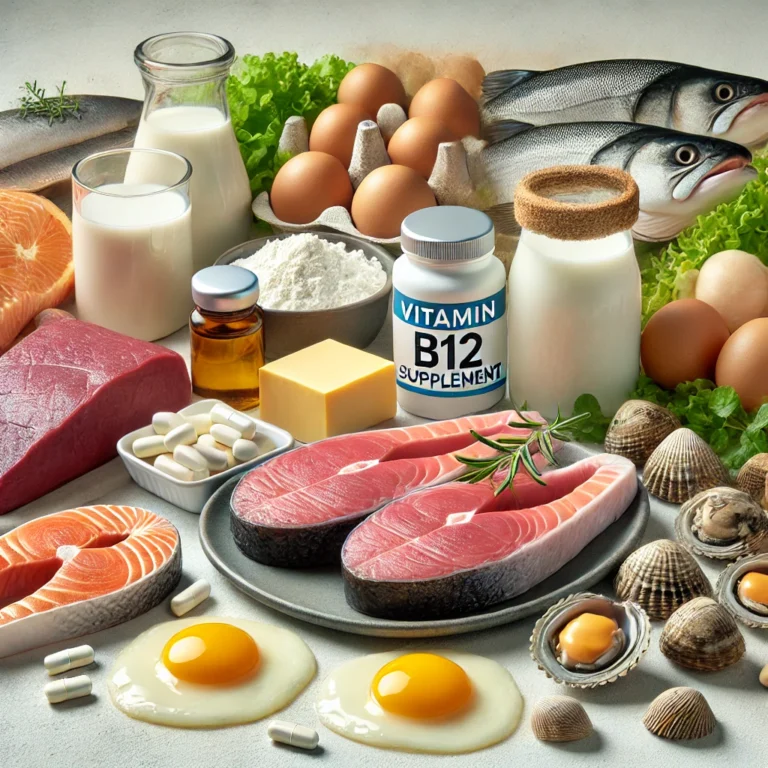 A high-quality, realistic image displaying Vitamin B12-rich foods, including beef liver, salmon, eggs, dairy products (milk, cheese, yogurt), clams, tuna, and fortified plant-based milk, alongside Vitamin B12 supplement capsules.
