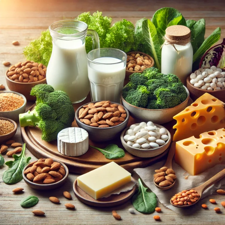 For Calcium benefits high-quality image displaying calcium-rich foods, including milk, cheese, yogurt, leafy greens, almonds, sesame seeds, tofu, beans, lentils, and fortified orange juice, arranged on a wooden table for optimal bone health.