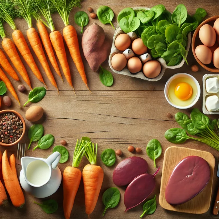 A realistic image of Vitamin A-rich foods, including carrots, sweet potatoes, spinach, liver, eggs, and dairy, arranged on a wooden surface with natural lighting, showcasing essential sources for eye, immune, and skin health.