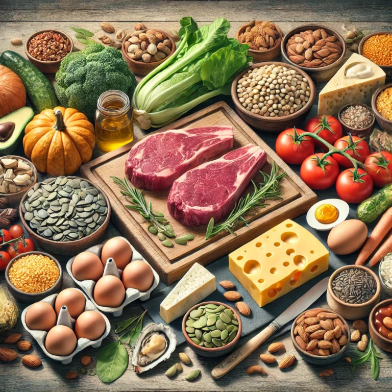 A clear, high-resolution image of the best zinc-rich foods, including oysters, beef, pumpkin seeds, lentils, chickpeas, cashews, almonds, cheese, eggs, and tofu, arranged on a rustic wooden table for a visually appealing nutritional display.