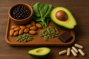 magnesium glycinate rich foods including spinach, almonds, black beans, and avocado slices