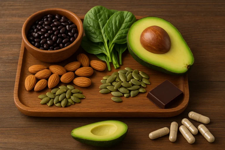 magnesium glycinate rich foods including spinach, almonds, black beans, and avocado slices