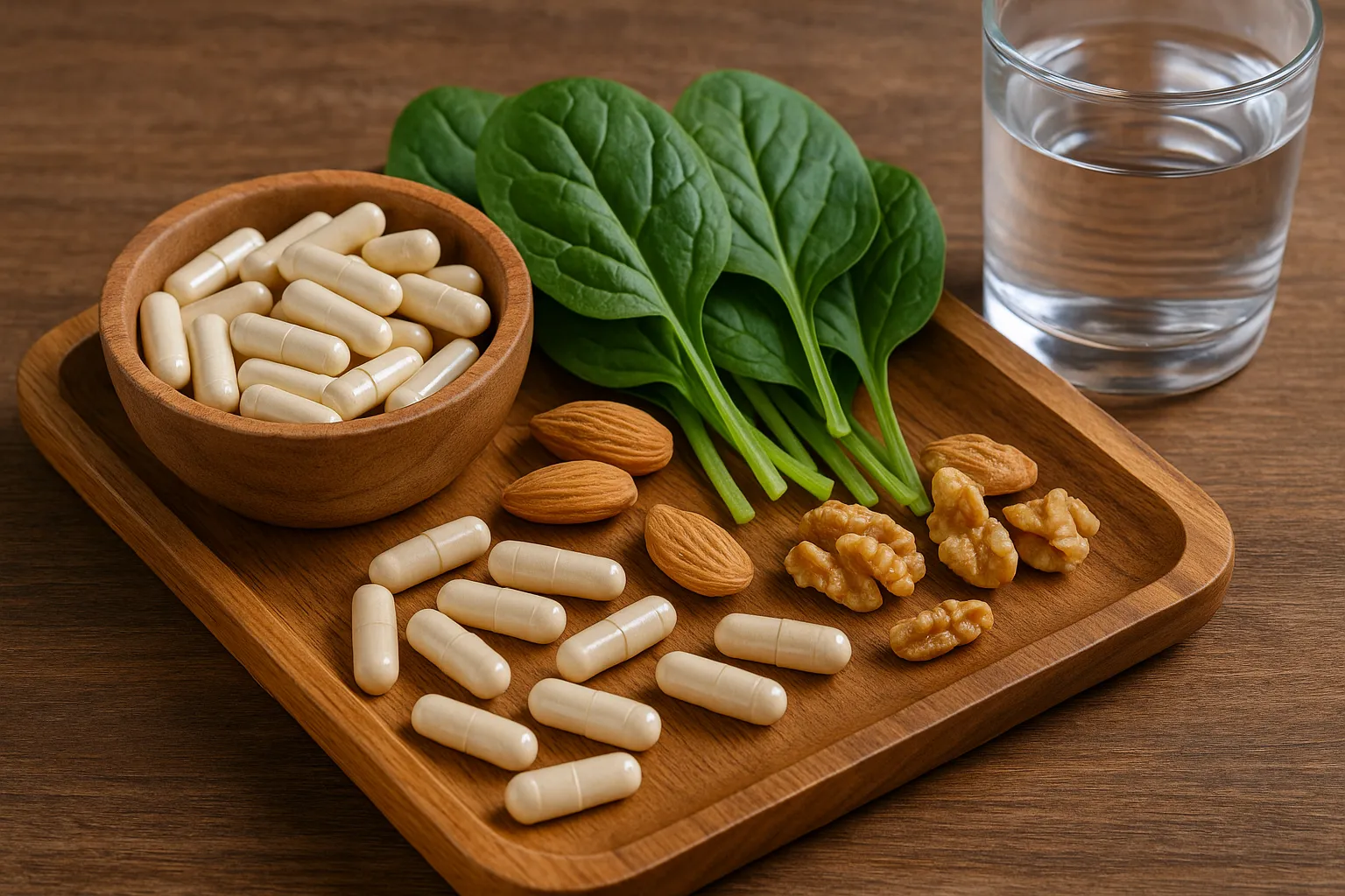 magnesium glycinate capsules with leafy greens and nuts on a wooden tray