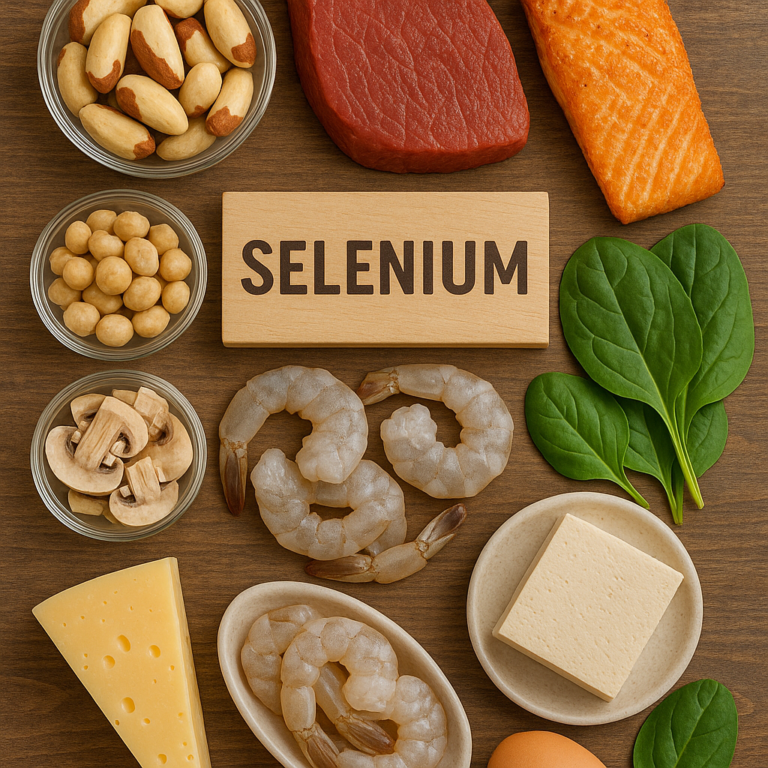 Top view of selenium-rich foods on a wooden table including Brazil nuts, salmon, shrimp, tofu, spinach, cheese, beef, eggs, and chickpeas – best dietary sources of selenium for immunity and thyroid health