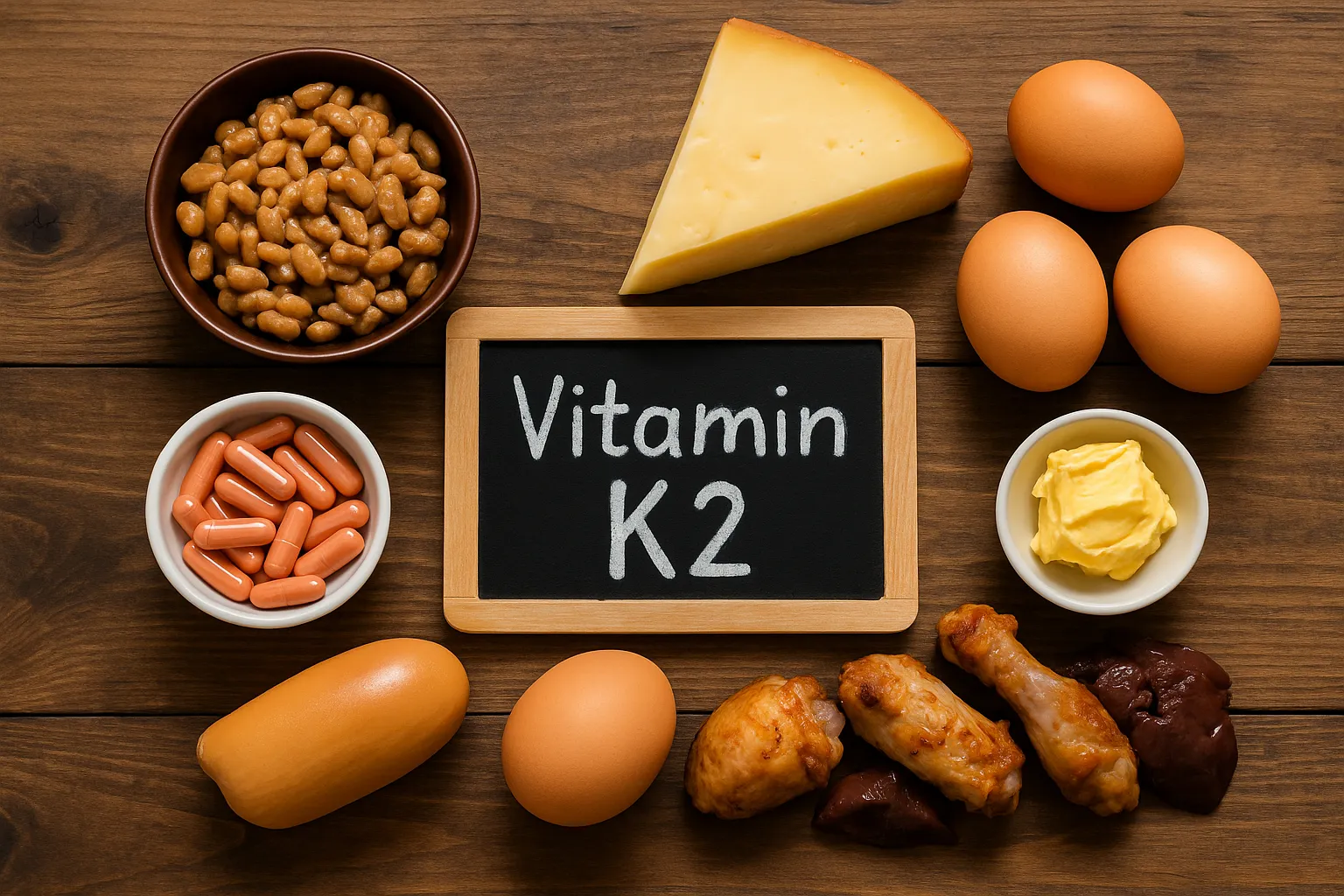 Vitamin K2 rich foods on wooden table